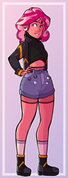 Size: 568x1481 | Tagged: safe, artist:geisharozu, sunset shimmer, equestria girls, clothes, denim shorts, hand on hip, jacket, legs, sexy, shirt, shoes, shorts, smiling, socks, solo, tomboy