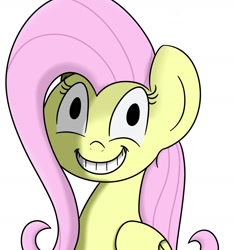 Size: 2236x2400 | Tagged: safe, artist:pink-dooples, fluttershy, pegasus, pony, bust, crazy face, faic, folded wings, grin, looking at you, simple background, solo, white background
