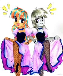 Size: 814x982 | Tagged: safe, artist:liaaqila, derpibooru import, oc, oc only, oc:cold front, oc:disty, equestria girls, choker, clothes, commission, crossdressing, dancing, dress, equestria girls-ified, fishnets, gay, high heels, male, oc x oc, pantyhose, saloon dress, shipping, shoes, smiling
