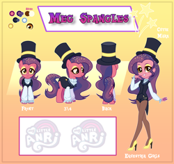 Size: 3248x3061 | Tagged: safe, artist:anri, derpibooru import, oc, oc only, oc:meg spangles, earth pony, pony, equestria girls, bedroom eyes, clothes, coat, equestria girls-ified, eyeshadow, female, hat, high heels, magician, magician outfit, makeup, mare, multicolored hair, pantyhose, reference sheet, shirt, shoes, shorts, socks, solo, top hat