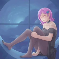 Size: 1400x1400 | Tagged: safe, artist:ninjaham, derpibooru import, fluttershy, human, vampire, clothes, dress, female, flutterbat, humanized, pantyhose, sitting, solo, window