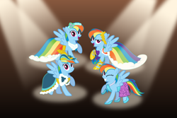 Size: 3072x2048 | Tagged: safe, artist:mattbas, derpibooru import, rainbow dash, pegasus, pony, >:d, beautiful, clothes, coronation dress, cute, dashabetes, dashstorm, dress, female, gala dress, hat, hoof shoes, mare, multeity, one eye closed, open mouth, rainbow dash always dresses in style, raised hoof, smiling, smirk, solo, spotlight, wings, wink, wreath