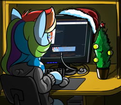 Size: 2300x2000 | Tagged: safe, artist:dacaoo, derpibooru import, rainbow dash, pegasus, pony, 2ch, christmas, christmas tree, computer, computer mouse, hat, holiday, new year, santa hat, tree