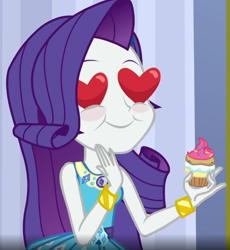 Size: 680x738 | Tagged: safe, screencap, rarity, equestria girls, equestria girls series, super squad goals, cupcake, food, geode of shielding, happy, heart, heart eyes, solo, wingding eyes