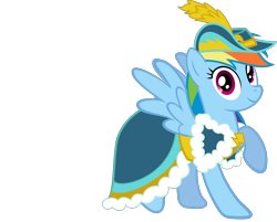 Size: 2024x1630 | Tagged: safe, artist:mattbas, derpibooru import, rainbow dash, pegasus, pony, beautiful, clothes, coronation dress, cute, dashabetes, dress, female, hat, looking at you, mare, rainbow dash always dresses in style, raised hoof, simple background, smiling, solo, transparent background, vector, wings