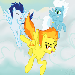 Size: 5000x5000 | Tagged: safe, artist:matimus91, derpibooru import, fleetfoot, soarin', spitfire, pony, absurd resolution, cloud, flying, old cutie mark, trio, wonderbolts