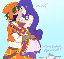 Size: 1280x1190 | Tagged: safe, artist:jonfawkes, rarity, spike, human, series:nightmare war, .hack, big breasts, blushing, breasts, clothes, cosplay, costume, eyes closed, female, humanized, kissing, male, older, older spike, shipping, sparity, straight