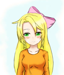 Size: 845x996 | Tagged: safe, artist:jumboz95, applejack, human, blushing, hair bow, hatless, humanized, missing accessory, solo