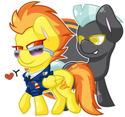 Size: 1024x959 | Tagged: safe, artist:ak4neh, derpibooru import, spitfire, thunderlane, pegasus, pony, chibi, crack shipping, female, firelane, heart, male, mare, shipping, simple background, stallion, straight, sunglasses, transparent background, wonderbolts dress uniform