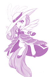 Size: 744x1100 | Tagged: safe, artist:dstears, fluttershy, pegasus, pony, bipedal, clothes, dress, french haute couture, hat, lidded eyes, looking at you, monochrome, shoes, simple background, solo, spread wings, white background