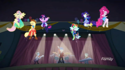 Size: 1366x768 | Tagged: safe, derpibooru import, screencap, applejack, flash sentry, fluttershy, pinkie pie, rainbow dash, rarity, ringo, sandalwood, sci-twi, twilight sparkle, better together, cheer you on, equestria girls, backstage, channel, clothes, discovery family, discovery family logo, drums, eyes closed, female, guitar, humane five, humane six, male, musical instrument, piano, ponied up, scene, stage, super ponied up, transformation, wings