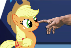 Size: 1065x720 | Tagged: safe, artist:michelangelo, edit, edited screencap, screencap, applejack, earth pony, pony, castle sweet castle, boop, boop edit, cute, fine art parody, god, hand, michelangelo, nose wrinkle, scrunchy face, the creation of adam, the creation of pony