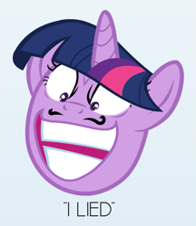 Size: 477x551 | Tagged: safe, artist:mikesouthmoor, derpibooru import, twilight sparkle, i lied, meme, reaction image, simple background, solo