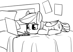 Size: 2600x1856 | Tagged: safe, artist:dacaoo, derpibooru import, rainbow dash, pegasus, pony, bed, black and white, computer, grayscale, laptop computer, monochrome, prone, solo