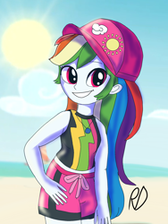 Size: 1536x2048 | Tagged: safe, artist:dashiedashdraw, derpibooru import, rainbow dash, better together, equestria girls, beach, clothes, cute, female, geode of super speed, magical geodes, midriff, shorts, smiling, solo