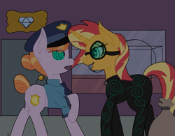 Size: 877x684 | Tagged: safe, artist:queenwildfire2k18, copper top, sunset shimmer, oc, oc:mez-mare-a, pony, unicorn, gem, goggles, hypnosis, hypnotized, museum, police pony, power ponies oc, supervillain, swirly eyes, thief, villainess