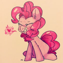 Size: 1280x1280 | Tagged: safe, artist:adroitart, pinkie pie, earth pony, pony, blushing, cute, diapinkes, ear fluff, eyes closed, female, grin, heart, mare, marker drawing, simple background, smiling, solo, traditional art