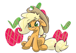 Size: 1000x700 | Tagged: safe, artist:heir-of-rick, applejack, earth pony, pony, daily apple pony, apple, cute, floppy ears, simple background, sitting, style emulation