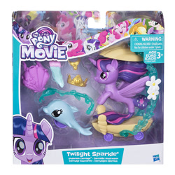 Size: 600x600 | Tagged: safe, derpibooru import, applejack, fluttershy, pinkie pie, rainbow dash, rarity, twilight sparkle, twilight sparkle (alicorn), alicorn, dolphin, earth pony, pegasus, pony, unicorn, my little pony: the movie, accessories, box, crown, doll, eyes closed, female, hasbro, jewelry, mane six, mare, my little pony, my little pony logo, regalia, smiling, toy