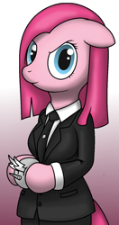 Size: 716x1360 | Tagged: safe, artist:tg-0, pinkie pie, anthro, arm hooves, clothes, crossover, phantasm, pinkamena diane pie, solo, suit