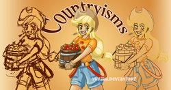 Size: 2575x1360 | Tagged: safe, artist:yukiru, applejack, human, apple, bucket, clothes, countryisms, humanized, shorts, solo, straw, t-shirt