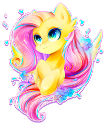 Size: 1365x1613 | Tagged: safe, artist:koveliana, fluttershy, pegasus, pony, bust, chromatic aberration, color porn, flower, flower in hair, folded forelegs, heart, hooves to the chest, looking away, multicolored iris, portrait, rainbow eyes, simple background, solo, transparent background