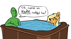 Size: 875x483 | Tagged: safe, artist:visiti, applejack, oc, oc:anon, human, pony, applejack is not amused, blonde, bubble, dialogue, frown, glare, jacuzzi, loose hair, messy mane, nipples, nudity, on back, open mouth, silly, silly pony, slice of life, spa, this will end in angry countryisms, this will end in pain and/or angry countryisms, tub, unamused, water, water trough, we don't normally wear clothes, wet mane