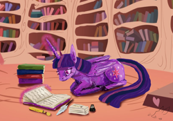 Size: 1000x700 | Tagged: safe, artist:shaiza7, derpibooru import, twilight sparkle, twilight sparkle (alicorn), alicorn, pony, book, female, mare, solo