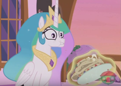 Size: 739x525 | Tagged: safe, screencap, princess celestia, alicorn, pony, a royal problem, faic, female, food, majestic as fuck, mare, pancakes, solo