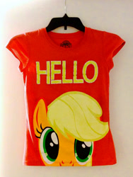 Size: 1186x1576 | Tagged: safe, applejack, earth pony, pony, clothes, cute, jackabetes, missing accessory, my little pony logo, photo, print, t-shirt, text