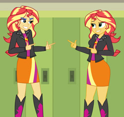 Size: 1900x1800 | Tagged: safe, artist:mashoart, flash sentry, sunset shimmer, equestria girls, boots, clothes, crossdressing, finger gun, finger guns, grin, jacket, leather, leather jacket, looking at each other, matching outfits, miniskirt, shoes, skirt, smiling