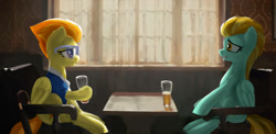 Size: 1229x600 | Tagged: safe, artist:hardbrony, derpibooru import, lightning dust, spitfire, pegasus, pony, alcohol, chair, clothes, crossover, curtain, drink, duo, female, glass, glasses, kingsman: the secret service, mare, sitting, table, window