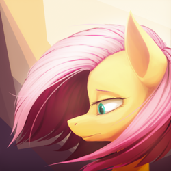 Size: 1500x1500 | Tagged: safe, artist:voxelfyre, fluttershy, pegasus, pony, abstract background, alternate hairstyle, big ears, bust, lidded eyes, lineless, looking down, portrait, profile, short hair, short mane, solo, windswept mane