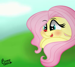 Size: 1177x1053 | Tagged: safe, artist:lynchristina, fluttershy, ladybug, pegasus, pony, insect on nose, lying, lying down, solo, tongue out