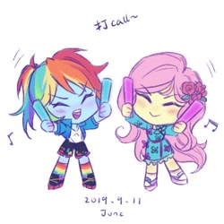 Size: 500x500 | Tagged: safe, artist:laochi777, derpibooru import, fluttershy, rainbow dash, equestria girls, equestria girls series, sunset's backstage pass!, spoiler:eqg series (season 2), chibi, cute, dancing, dashabetes, female, flutterdash, lesbian, shipping, shyabetes