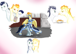 Size: 2370x1689 | Tagged: safe, artist:testostepone, derpibooru import, soarin', spitfire, pony, clothes, collage, food, male, painting, pasta, shipping, sketch, soarinfire, spaghetti, spaghetti scene, straight, uniform, wing-ups, wonderbolts uniform