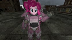 Size: 1920x1080 | Tagged: safe, artist:heydude1029, pinkie pie, equestria girls, 3d, armor, fallout, happy, power armor, powered exoskeleton, remake, smiling, source filmmaker, waving