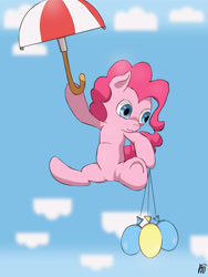 Size: 3000x4000 | Tagged: safe, artist:mopyr, pinkie pie, earth pony, pony, balloon, solo, umbrella, wat