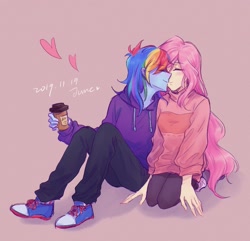 Size: 1283x1235 | Tagged: safe, artist:laochi777, derpibooru import, fluttershy, rainbow dash, equestria girls, coffee, converse, female, flutterdash, heart, kissing, lesbian, shipping, shoes