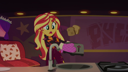 Size: 1920x1080 | Tagged: safe, screencap, sunset shimmer, better together, equestria girls, sunset's backstage pass!, bread, food, solo, toast, toaster