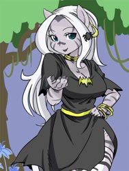 Size: 500x662 | Tagged: safe, artist:shepherd0821, zecora, anthro, zebra, alternate hairstyle, ambiguous facial structure, beckoning, clothes, costume, curvy, dress, everfree forest, hand on hip, lipstick, looking at you, nightmare night, poison joke, stockings, stupid sexy zecora