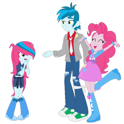 Size: 674x670 | Tagged: safe, artist:margaretlovez, pinkie pie, thunderbass, oc, oc:blythe, equestria girls, balloon, boots, bracelet, clothes, cute, eyes closed, family, female, high heel boots, jacket, jewelry, male, necktie, offspring, parent:pinkie pie, parent:thunderbass, parents:pinkiebass, pinkiebass, raised leg, ripped pants, shipping, shoes, skirt, sneakers, straight