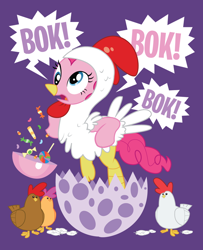 Size: 600x740 | Tagged: safe, artist:xkappax, pinkie pie, chicken, earth pony, pony, animal costume, chicken pie, chicken suit, clothes, costume, egg, scootachicken, solo