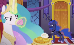 Size: 1080x660 | Tagged: safe, screencap, princess celestia, princess luna, alicorn, pony, a royal problem, female, food, glowing horn, judging, judging you, magic, mare, pancakes, tea, telekinesis