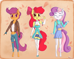 Size: 2500x2000 | Tagged: safe, artist:neko-me, apple bloom, scootaloo, sweetie belle, anthro, earth pony, pegasus, unguligrade anthro, unicorn, abstract background, apple bloomed, apple buruma project, belly button, boobaloo, bow, breasts, clothes, cutie mark, cutie mark crusaders, eyes closed, fingerless gloves, gloves, hair bow, jacket, jeans, looking at you, midriff, older, older apple bloom, older scootaloo, older sweetie belle, pants, peace sign, ripped pants, stockings, sweetie boobs, thigh highs, trio