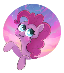 Size: 800x905 | Tagged: safe, artist:kallarmo, part of a set, pinkie pie, earth pony, pony, :t, blushing, cloud, fourth wall, leaning, ponk, puffy cheeks, simple background, sky, smiling, solo, stars, transparent background