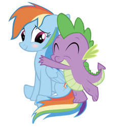 Size: 750x807 | Tagged: safe, artist:klaifferon, derpibooru import, edit, editor:undeadponysoldier, rainbow dash, spike, dragon, pegasus, pony, blushing, cute, female, hug, hug from behind, male, mama dash, mare, rainbowspike, shipping, simple background, straight, white background