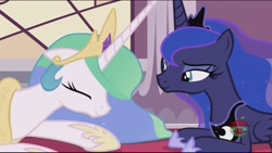 Size: 2048x1157 | Tagged: safe, screencap, princess celestia, princess luna, alicorn, pony, a royal problem, female, mare