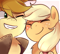 Size: 1000x900 | Tagged: safe, artist:sion-ara, applejack, braeburn, earth pony, pony, braebetes, bust, chest fluff, cousins, cute, duo, eyes closed, grin, jackabetes, one eye closed, portrait, smiling