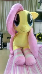 Size: 1472x2592 | Tagged: artist needed, safe, fluttershy, clothes, irl, lying, lying down, photo, plushie, socks, solo, striped socks